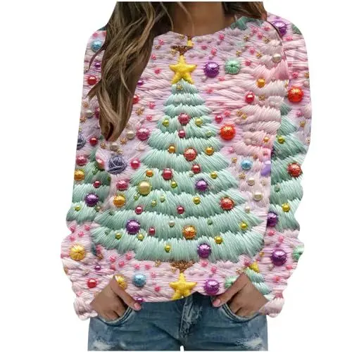 Produktbild: Sumuqi Weihnachts Tshirt Damen Shirt Langärmeliges Tie-Dye Blusen Elegante Langarm Tshirt T-Shirt Weihnachtskleidung Damen Longshirt Ugly Christmas Sweater Meine Bestellungen Anzeigen Rosa M