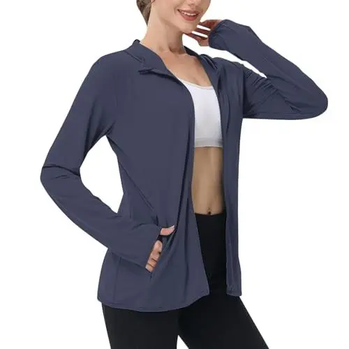 Produktbild: Sun Hoodie Damen UPF 50+ Sonnenschutz Jacke UV Shirt Langarm Sommerjacke Full Zip Laufshirt Leichte Dünne Sportjacke mit Taschen Laufjacke Schnelltrocknend Trainingsjacke Einfarbig Outdoor Sportshirt