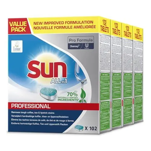 Produktbild: Sun Pro Formula All in 1 Spülmaschinentabs – Kraftvolle Premium Tabs für die Spülmaschine für mühelose Reinigung, Geschirrspültabs für strahlenden Glanz, 4 x 102 Tabs