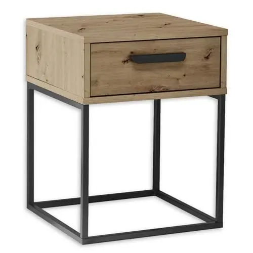 Produktbild: SUNA Nachttisch in Artisan Eiche Optik - Moderner Nachtschrank mit Schublade und schwarzem Metallgestell - 40 x 52 x 38,5 cm (B/H/T)