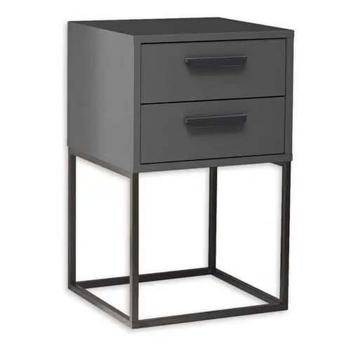 Produktbild: SUNA Nachttisch in Graphit - Moderner Nachtschrank mit Schubladen und schwarzem Metallgestell - 40 x 65 x 38,5 cm (B/H/T)