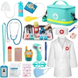 Produktbild: Sundaymot Arztkoffer Kinder Holz Spielset, Doktorkoffer kinder Mit Echtem Stethoskop, Thermometer, Arztkittel und tragbare Doktortasche, Rollenspiel kinder Spielzeug ab 3 Jahre