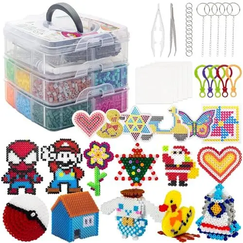 Produktbild: Sundaymot Bügelperlen Set, 10600 Stück Steckperlen mit Aufbewahrungsbox, Platten, Benutzerführung, DIY Gestalten von Schmuck, Deko, Verzierungen und 3d Kinder Geschenk Bastelideen（5mm）