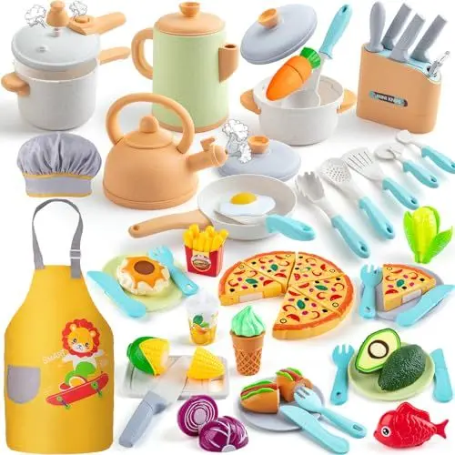 Produktbild: Sundaymot Matschküche Kinder Outdoor, Kinderküche Zubehör and Topfset für Rollenspiele, Spielküche zubehör mit Kochuniform Obst für Kleinkinder Jungen Mädchen
