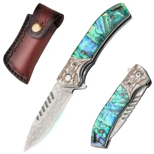 Produktbild: SUNEMY Damast Taschenmesser Klappmesser mit gravur, Hochwertig Jagdmesser Einhandmesser Einzigartig Abalone Muschel Griff, für EDC Männer Outdoor Sammeln Geschenk