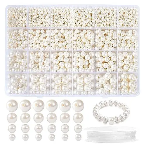 Produktbild: SUNERLORY 1890 Stück Perlen, weiße Glasperlen Perlen Faux Pearl mit elastischen Seil für Crafting 4/6/8/10mm Spacer Perlen mit Löchern für DIY Handwerk Schmuck Machen Dekor(White)