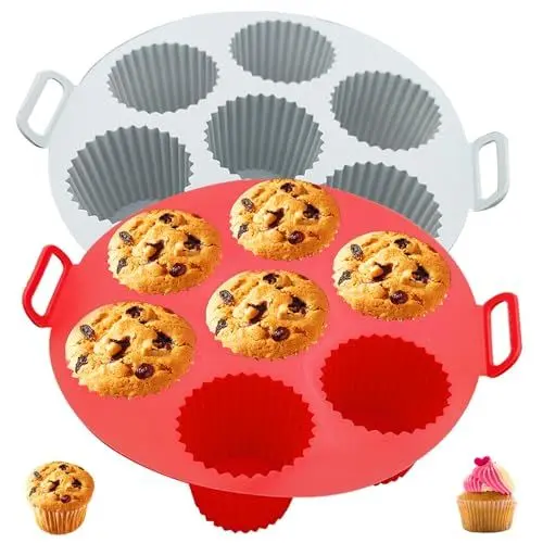Produktbild: SUNERLORY 2pcs Muffin Backform, 7 Cup Silikon Airfryer Silikonform Muffinblech Antihaftbeschichtet Backblech Backform Küche Cupcake Zubehör(Grau, Rot)