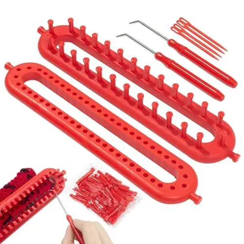 Produktbild: SUNERLORY Long Knitting Loom Set, 2 Pcs Knitting Machine with Knitting Needles and Crochet Needles, 26cm Plastic Loom Knitting Kit DIY Sock Hat Scarf Scarves Sewing Accessories(Red)