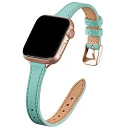 Produktbild: SUNFWR Kompatibel mit Apple Watch Armband 38mm 40mm 41mm,Echtes Ersatz Lederarmband,Schlank und Leicht Armband für die iwatch Serie Ultra/8/7/6/5/4/3/2/1,SE(Tiffany Blau&Roségold)