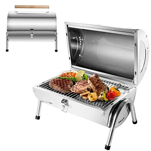 Produktbild: SunJas Edelstahl Klappgrill Holzkohlegrill, BBQ Grill Doppel Grillfläche 34x21.5 cm, Tischgrill Campinggrill für Outdoor Kochen, Camping und Picknick