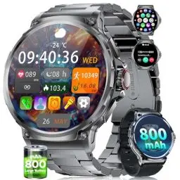 Produktbild: SUNKTA Militär Smartwatch Herren,800 mAh Akku/1,85'' HD-Display-Sportuhr/120+ Sportmodi,IP68 Wasserdicht Großes Fitnessuhr mit Herzfrequenz,SpO2,Schlafmonitor für Android iOS 2 Armbänders