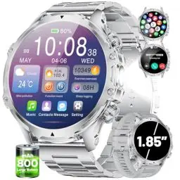 Produktbild: SUNKTA Smartwatch Herren Militär,1,85'' HD-Display/800 mAh Akku Sportuhr mit Taschenlampe/100+ Sportmodi,IP68 Wasserdicht Fitnessuhr mit Herzfrequenz,SpO2,Schlafmonitor für Android/iOS 2 Armbänders