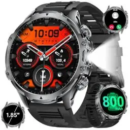 Produktbild: SUNKTA Smartwatch Herren Militär,1,85'' HD-Display/800 mAh Akku Sportuhr mit Taschenlampe/100+ Sportmodi,IP68 Wasserdicht Fitnessuhr mit Herzfrequenz,SpO2,Schlafmonitor für Android/iOS Schwarz Silikon