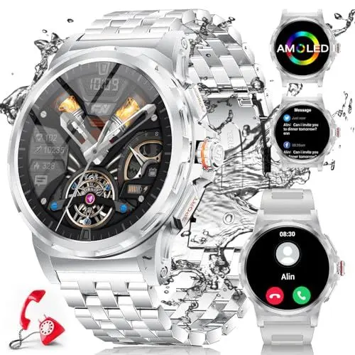Produktbild: SUNKTA Smartwatch Herren mit Telefonfunktion,1,43 Zoll Militär Smart Watch mit AMOLED Display,110 Sportmodi,IP68 Wasserdicht,360mah Batterie,Überwachung der Herzfrequenz, SpO2 für Android iOS Silber