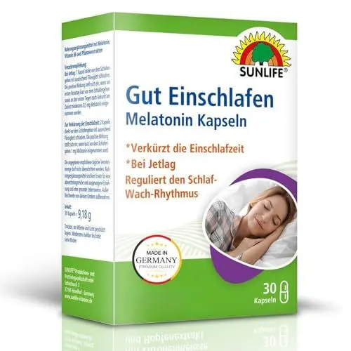 Produktbild: SUNLIFE Melatonin Kapseln hochdosiert - 1 x 30 Stück - Melatonin 1mg Kapseln mit Zitronenmelisse-Extrakt - Gut Einschlafen Kapseln für Erwachsene - hochwertiges Schlafmittel - ideal bei Jetlag