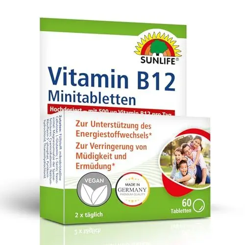 Produktbild: SUNLIFE Vitamin B12 Mini-Tabletten - 1x60 Stück - hochwertige Nahrungsergänzungsmittel mit 500µg Vitamin B 12 - Vitamin B12 Tabletten mit Vitamin B1 / B2 & B6 - hochdosiert / gluten- & laktosefrei