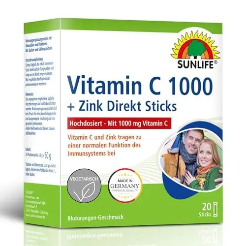 Produktbild: SUNLIFE Vitamin C 1000 + Zink Direkt - 1x20 Pulver Sticks Blutorange Geschmack - Granulat mit Vitamin D & Selen - Nahrungsergänzungsmittel für Immunsystem - pro Stick 1000 mg Vitamin C & 10 mg Zink