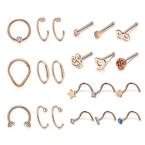 Produktbild: Sunligoo 21stk Nasenring Nasenstecker Set 16G 20G Chirurgenstahl Nasenpiercing Ohrpiercing für Septum Lippe Helix Tragus Knorpel Piercing Körper Schmuck (Rosegold)
