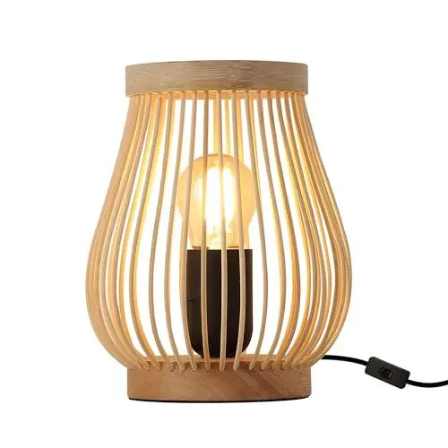 Produktbild: SUNLLOK Boho Tischlampe mit Holz Sockel, Retro Rattan Lampe Kleine Nachttischlampe für Schlafzimmer, Industrial Bambus Lampenschirml leselampe Tisch Lampen Deko für Wohnzimmer, Kinderzimmer, Büro