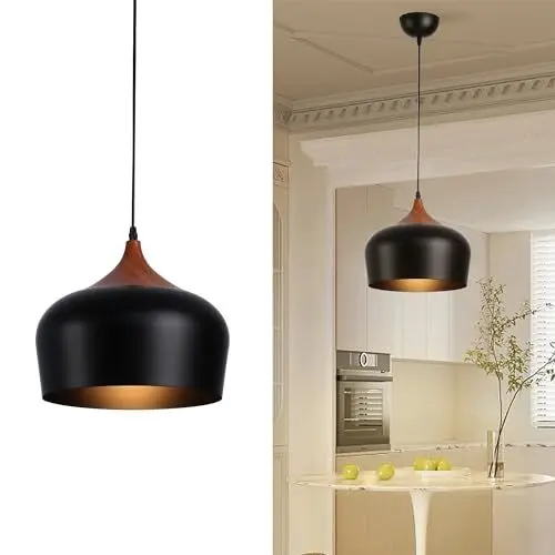 Produktbild: SUNLLOK Moderne Schwarz Holz Pendelleuchte Esstisch – Verstellbare Deckenleuchte Hängelampe Metall – Industrielle Innen E27 Kronleuchter für Esszimmer Kücheninsel Schlafzimmer
