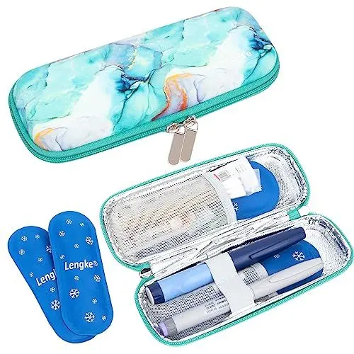 Produktbild: SUNMON Insulin Kühltasche mit 2 Nylon Kühlakkus, Wasserdicht Reisetasche für Diabetikerzubehör Isolierte Insulin Pen Kühltasche, 6-8 Std.Kühlung Medikamententasche 21.5 x 8.1 x 4.3cm(Marmorgrün)