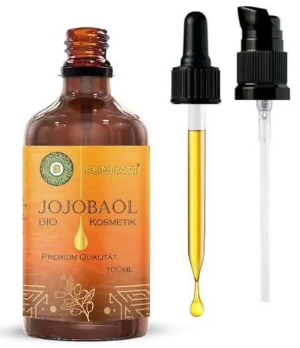 Produktbild: Sunnati® Jojobaöl Bio Kaltgepresst 100% Rein Natürlich 100ml - Feuchtigkeitspflege für Haut, Haare, Nägel, Gesicht, Körper - Anti-Aging Gesichts Körper Pflege Öl, Vegan Haaröl, Jojoba Oil Cold Pressed