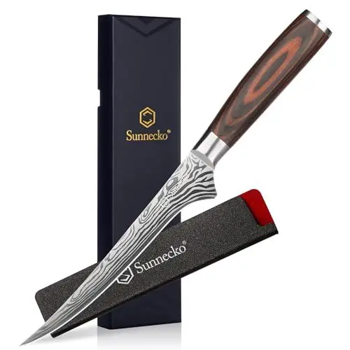 Produktbild: Sunnecko 15cm Filetiermesser Küchenmesser, Fischmesser Profi Messer - Fleischmesser mit scharfe Klinge, Ausbeinmesser Edelstahl mit Pakkaholz Griff in Geschenkbox
