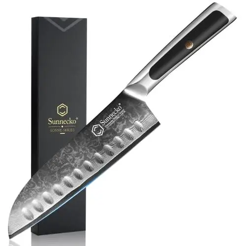 Produktbild: Sunnecko 18cm Damastmesser Kochmesser Küchenmesser - Santoku Messer Damast Scharfes Messer mit Ergonomischer Griff Geschenkbox