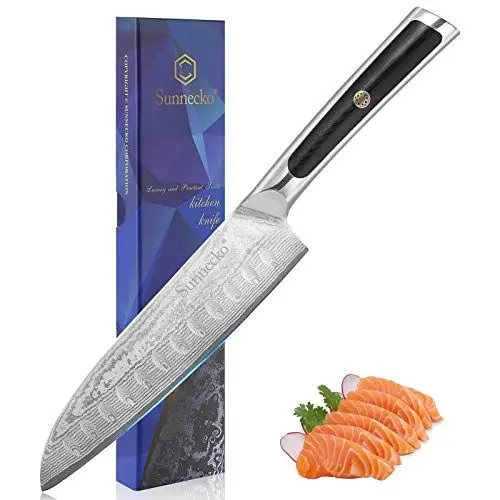 Produktbild: Sunnecko 18cm Santoku Messer Damast Küchenmesser - Damastmesser Scharfes Kochmesser mit Damaststahl Klinge und G10 Griff Messer Küche