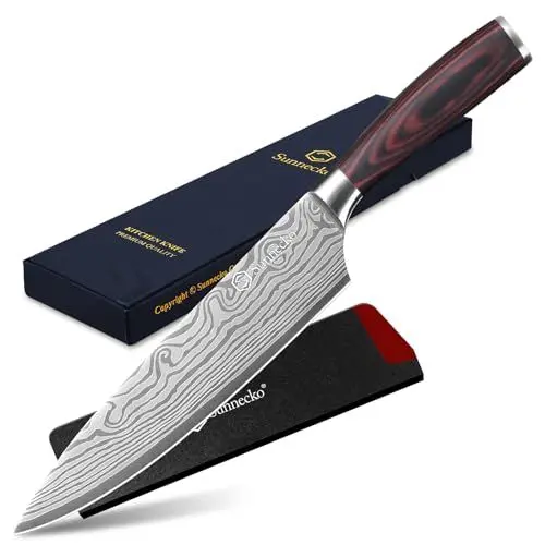 Produktbild: Sunnecko 20cm Messer Küchenmesser Kochmesser - Küchenmesser Profi Messer Scharfes Chefmesser Edelstahl Fleischmesser mit Pakkaholz Griff Allzweckmesser Scharf Klinge mit Geschenkbox