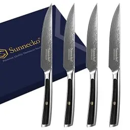 Produktbild: Sunnecko 4 Teilig Steakmesser Set, Hochwertige Damast Steakmesser, Scharfe Klinge und G10 Griff, Steakbesteck set, Pizzamesser Grillbesteck Tafelmesser mit Geschenkbox