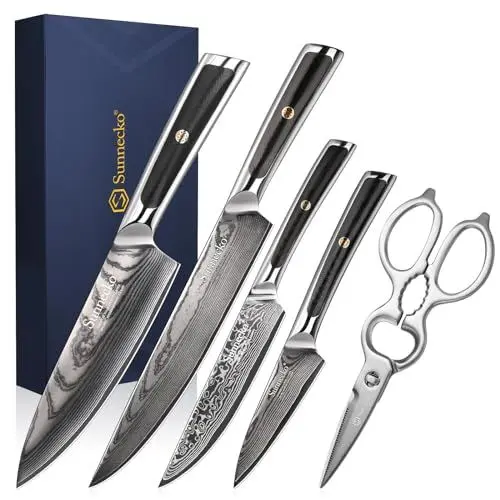 Produktbild: Sunnecko Damastmesser Set 5-teilig - Küchenmesser Set Messer Set - Damast Messer Scheren Kochmesser Profi Messerset Damaszener Stahl Küchenmesser,Geschenk für Köche
