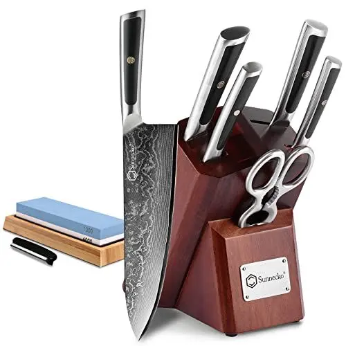 Produktbild: Sunnecko 7tlg Damastmesser Messerblock mit Messer - Messer Set mit Block Damaststahl Klinge Ergonomischer Griff, Messerset mit Küchenschere Messerhalter