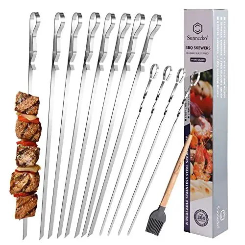 Produktbild: Sunnecko Grillspieß Schaschlikspieße aus Edelstahl, Grillspiesse Edelstahl Lang 8 Stück 43 cm und 4 Stück 36 cm, Grillspieß Set mit Backpinsel und Aufbewahrungstasche für Garten Camping BBQ