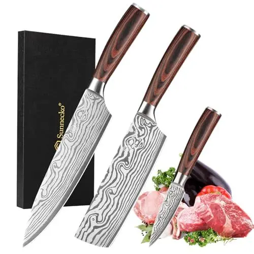 Produktbild: Sunnecko Messerset, Profi Küchenmesser Set 3tlg - Kochmesser set Küche scharfe Messer Set, Ultra Scharfes Kochmesserset mit 20cm Chefmesser, 17cm Hackmesser & 9cm Schälmesser