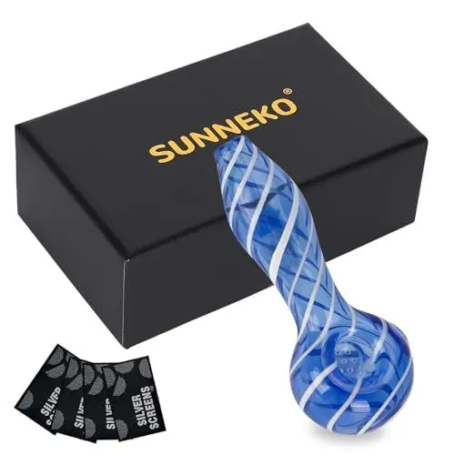 Produktbild: SUNNEKO 7 Kickloch Glaspfeife Dickes Glas Löffel Bong Hitzebeständig Geruchsneutral Taschenform Pfeife Home Dekorative Accessoires, 11 cm, Blau mit weißem Streifen