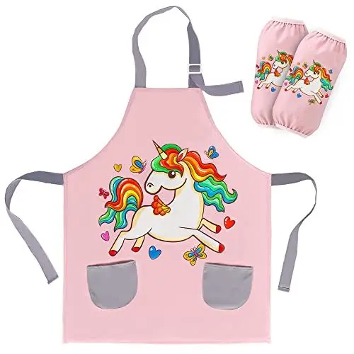 Produktbild: SUNNEKO Kinder Schürzen für Mädchen, Kinder niedlich Küche Kochen Schürze für 6-12 Jahre, Kinder Künstler Malerei Schürze mit Taschen, Kunst und Handwerk für Kinder, Einhörner Geschenke für Mädchen
