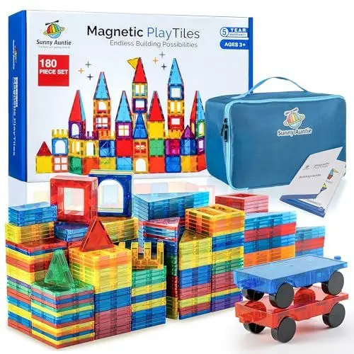 Produktbild: Sunny Auntie Magnetic Tiles 180 PCS, Magnetic Tiles for Kids & Toddlers, Toy for 3 4 5 6 7 8 Year Old Boys & Girls, Gift Box