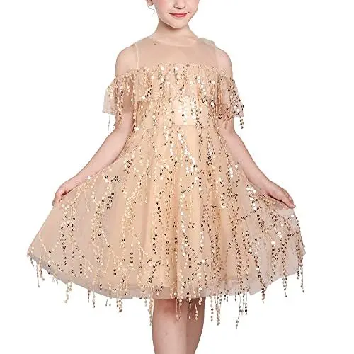 Produktbild: Sunny Fashion Mädchen Kleid Aus der Schulter Pailletten Streifen Jahrgang Flapper Funkeln Kleid Gr. 134