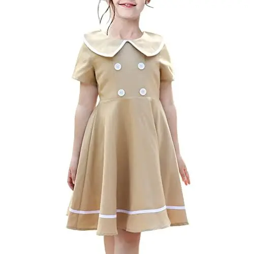 Produktbild: Sunny Fashion Mädchen Kleid Beige Kurzarm Kragen Knopf vorne Schuluniform Gr. 146