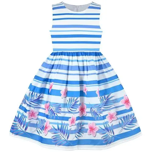 Produktbild: Sunny Fashion Mädchen Kleid Blau Blumen- Gestreift Sommer Trägerkleid Ärmellos Beiläufig Gr. 140-146,Blau gestreift,140-146
