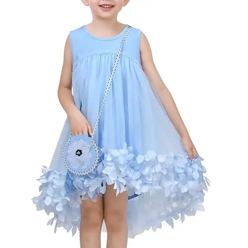 Produktbild: Sunny Fashion Mädchen Kleid Blau Blumen- Handtasche Tüll Prinzessin Niedlich Schön Party Urlaub Gr. 104,Himmelblaue Tasche,104