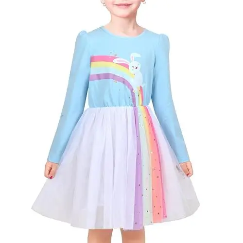 Produktbild: Sunny Fashion Mädchen Kleid Blau Regenbogen Pailletten Stern Ostern Kaninchen Hase Eiersuche Gr. 104,Regenbogen-Himmelblau,104