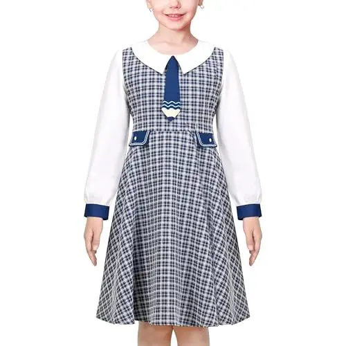Produktbild: Sunny Fashion Mädchen Kleid Blau Weiß Bleistift Binden Überprüfen Plaid Schule Beiläufig Langarm Gr. 134,Blaues Plaid,134
