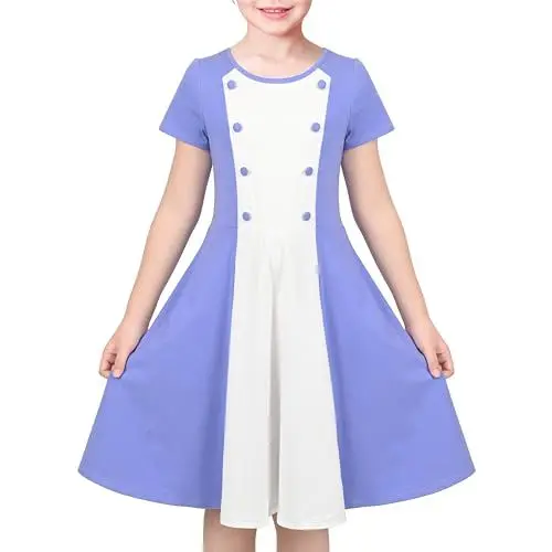 Produktbild: Sunny Fashion Mädchen Kleid Blau Weiß Farbkontrast 60er Jahre Retro Flugbegleiterin Beiläufig Gr. 122,Purplish Blau,122