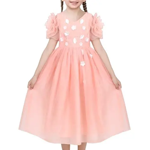 Produktbild: Sunny Fashion Mädchen Kleid Blume Rosa Prinzessin Hochzeit Formal Tanzen Party Festzug Gr. 110,Rosa Blumenärmel,110