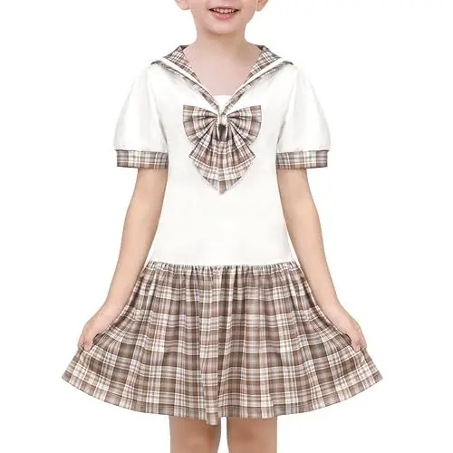Produktbild: Sunny Fashion Mädchen Kleid Braun Überprüfen Krawatte Matrose Uniform Schule Kurzarm Gr. 110,Beige kariert,110