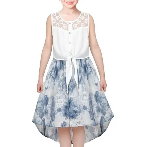 Produktbild: Sunny Fashion Mädchen Kleid Chiffon Blau Blumen Hoch niedrig Binden Taille Party Prinzessin Gr. 158, Size 14