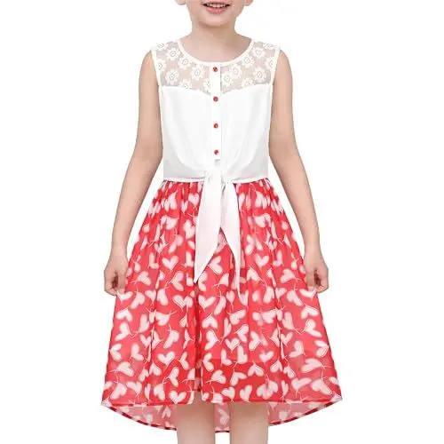 Produktbild: Sunny Fashion Mädchen Kleid Chiffon Herz Spitze Top Blumenrock High Low Hem Binden Taille Party Sommer Gr.146