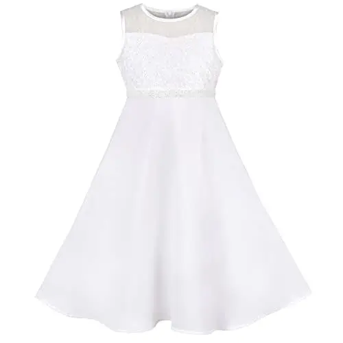 Produktbild: Sunny Fashion Mädchen Kleid Formal Weiß Chiffon Spitze Pailletten Taufe Hochzeit Brautjungfer Kommunionkleid Gr. 146